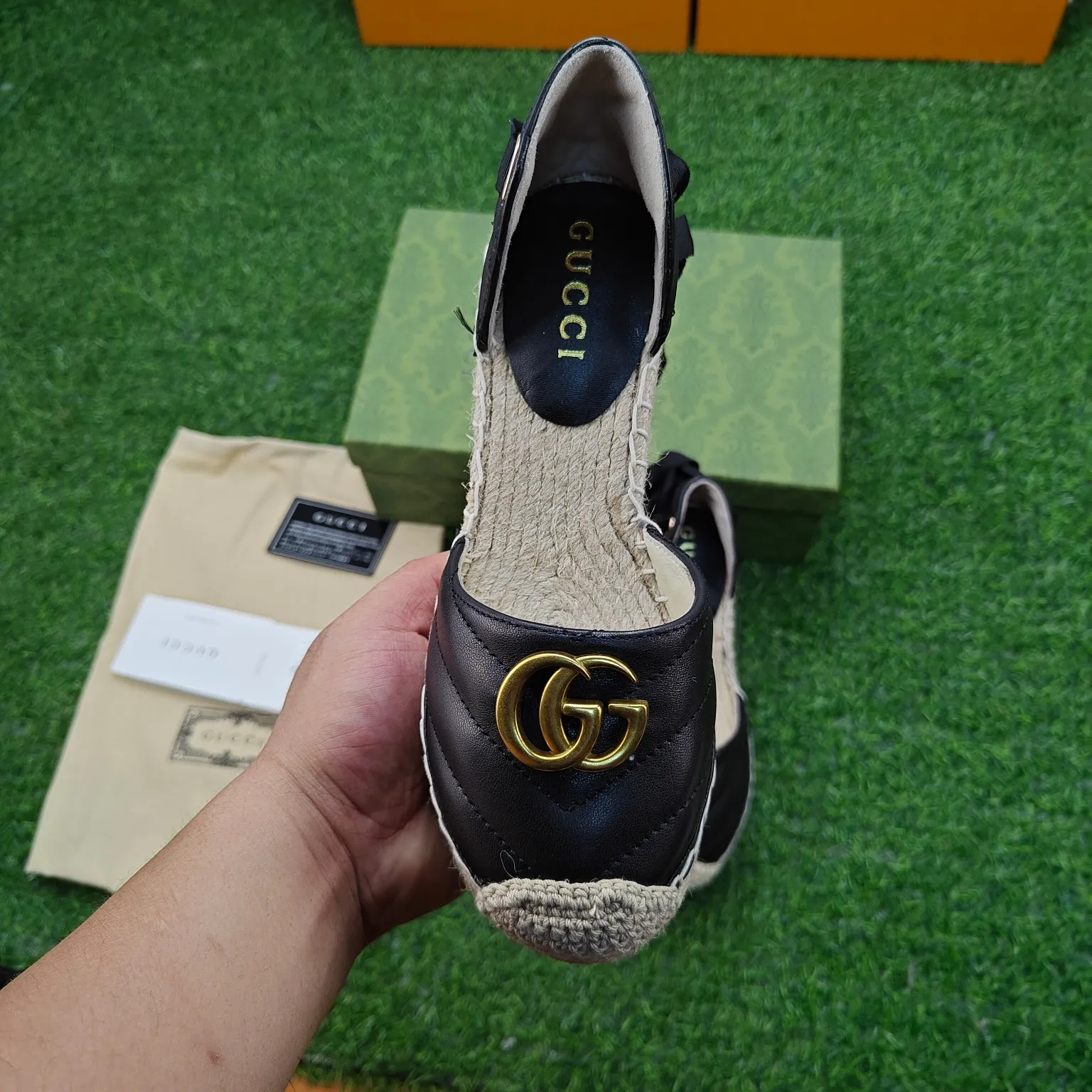 👟👟Ex-factory price 440👟👟 GUCCI wedge fisherman sandals, thick-soled straw, high-end quality, fabric: double G fabric, electric embroidery, lining: mixed sheepskin lining, code number: 35～41